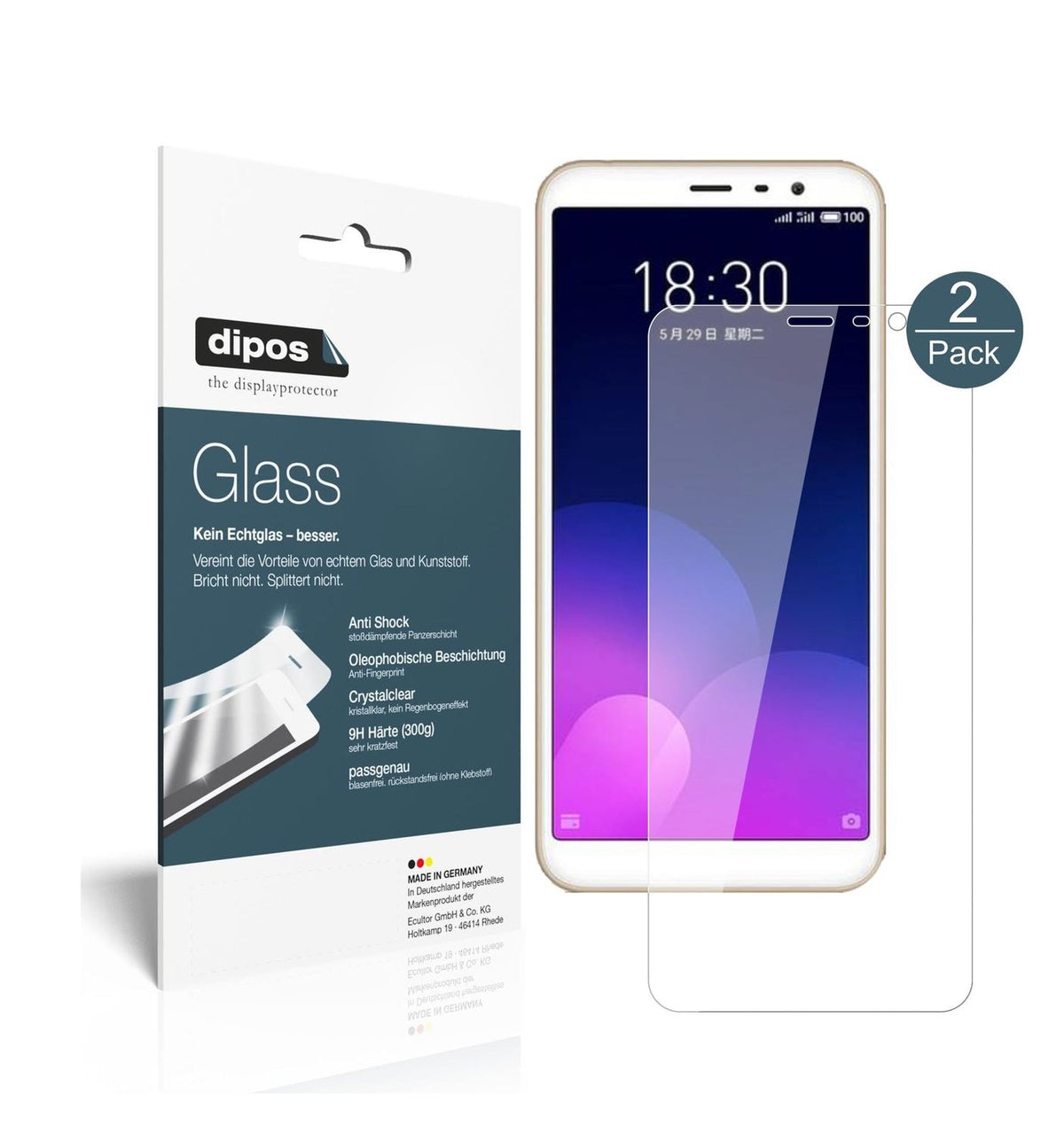 Klare Displayschutzfolie von dipos passend für Meizu M6T, 9H kratzfest und blasenfrei montiert