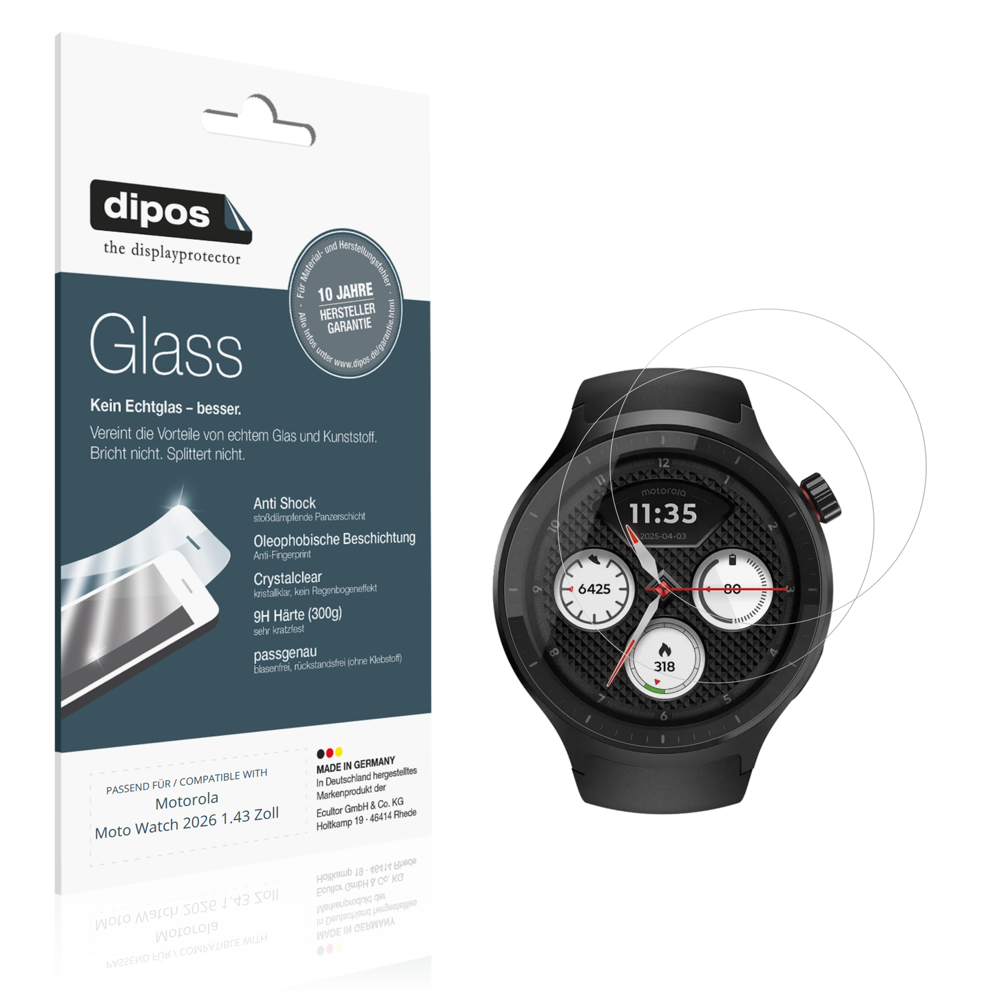 Klare Displayschutzfolie von dipos passend für Motorola Moto Watch 2026 1.43 Zoll, 9H kratzfest und blasenfrei montiert