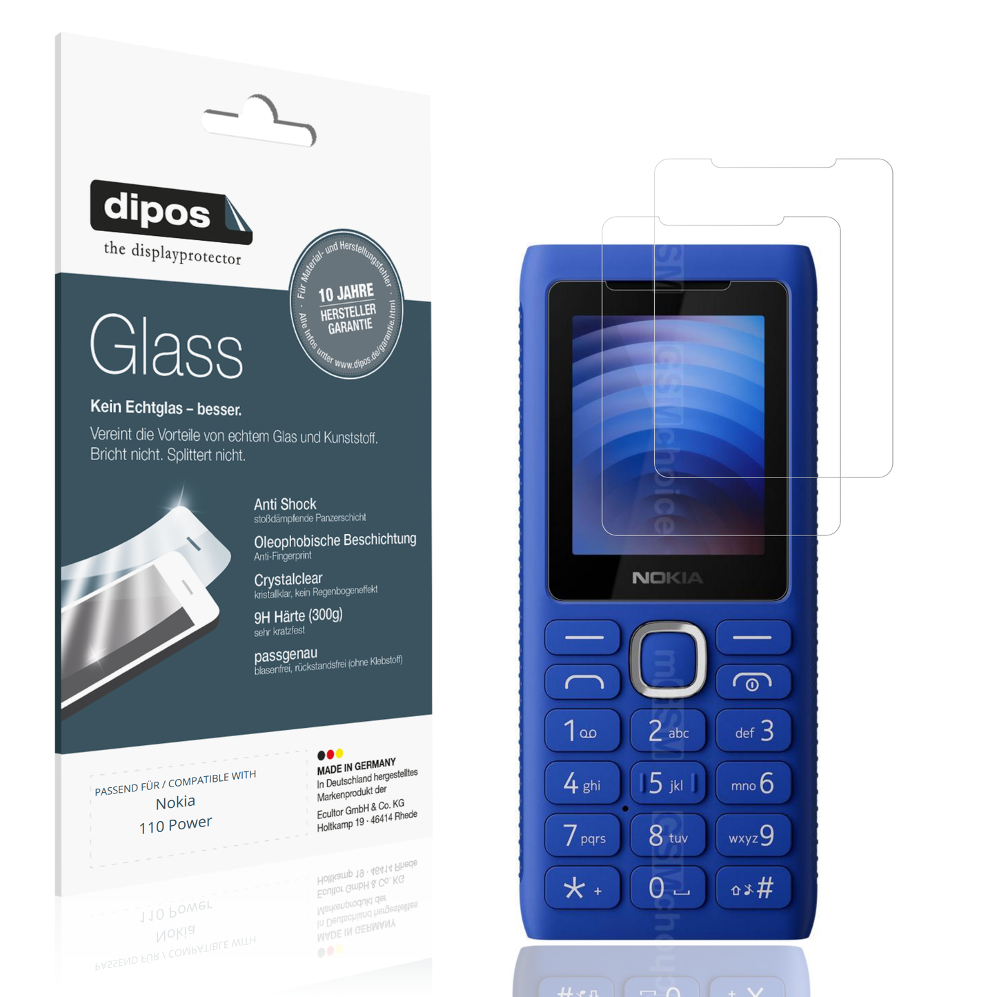 Klare Displayschutzfolie von dipos passend für Nokia 110 Power, 9H kratzfest und blasenfrei montiert