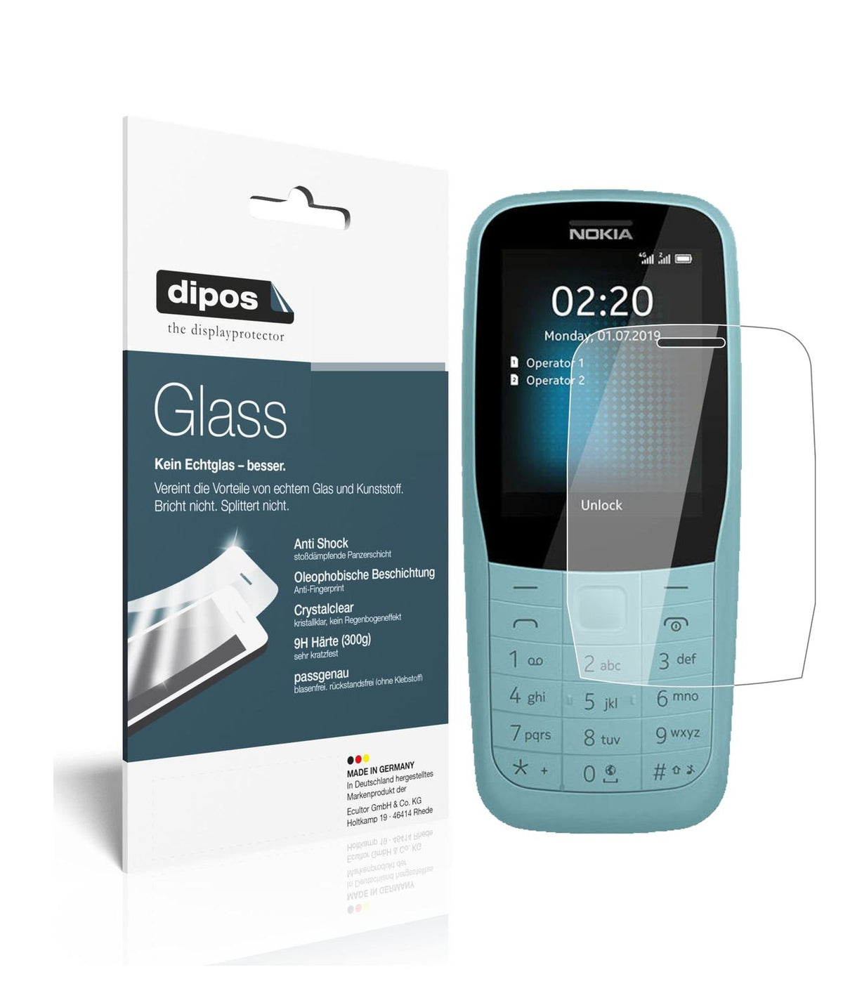 Klare Displayschutzfolie von dipos passend für Nokia 220 4G, 9H kratzfest und blasenfrei montiert
