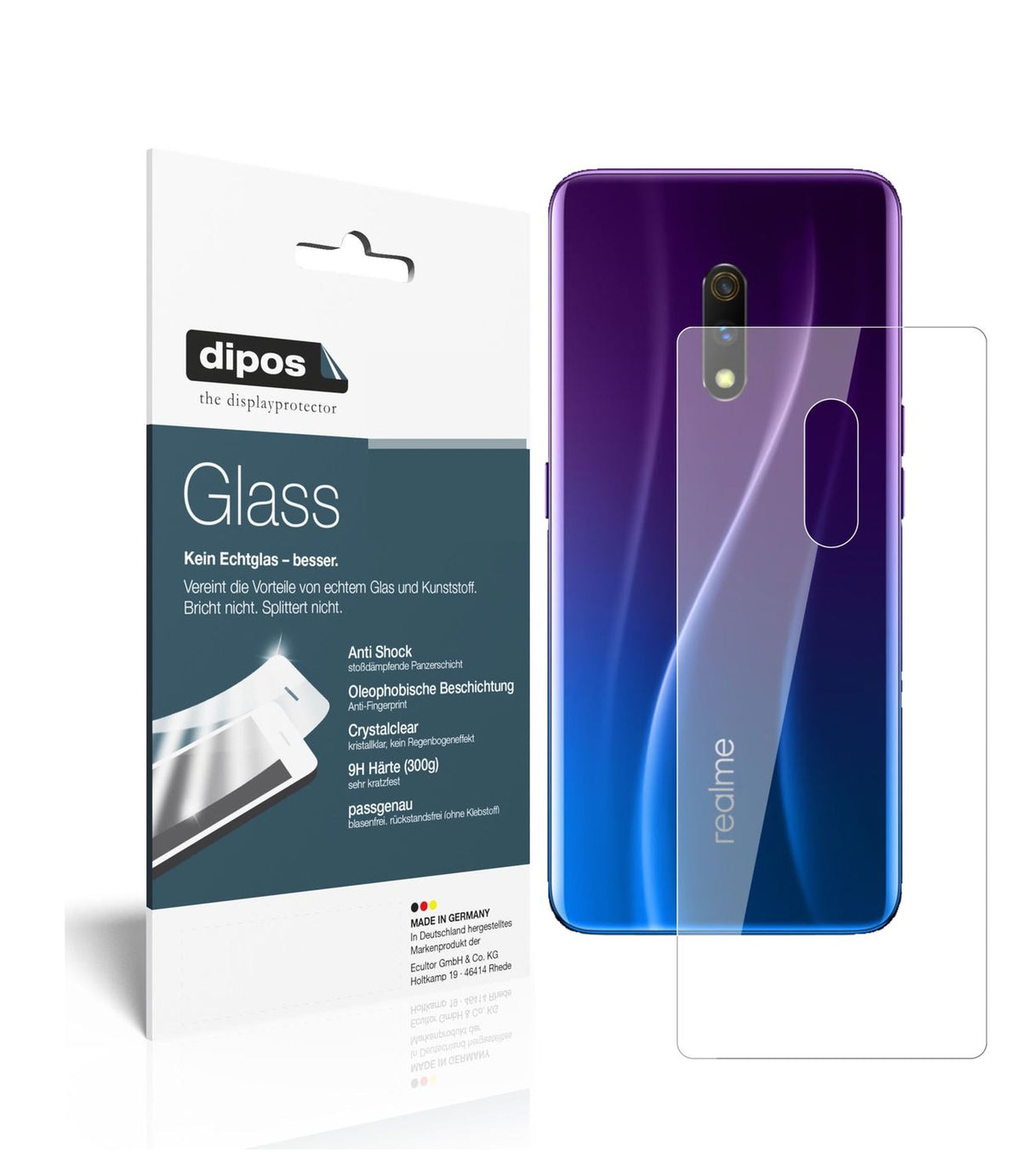 Klare Displayschutzfolie von dipos passend für Oppo Realme X Rückseite, 9H kratzfest und blasenfrei montiert