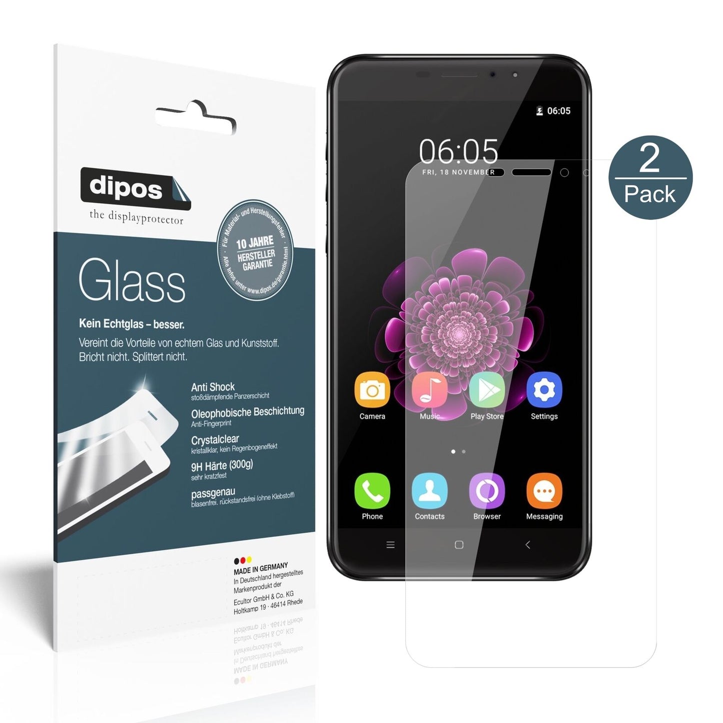Klare Displayschutzfolie von dipos passend für Oukitel U20 Plus, 9H kratzfest und blasenfrei montiert