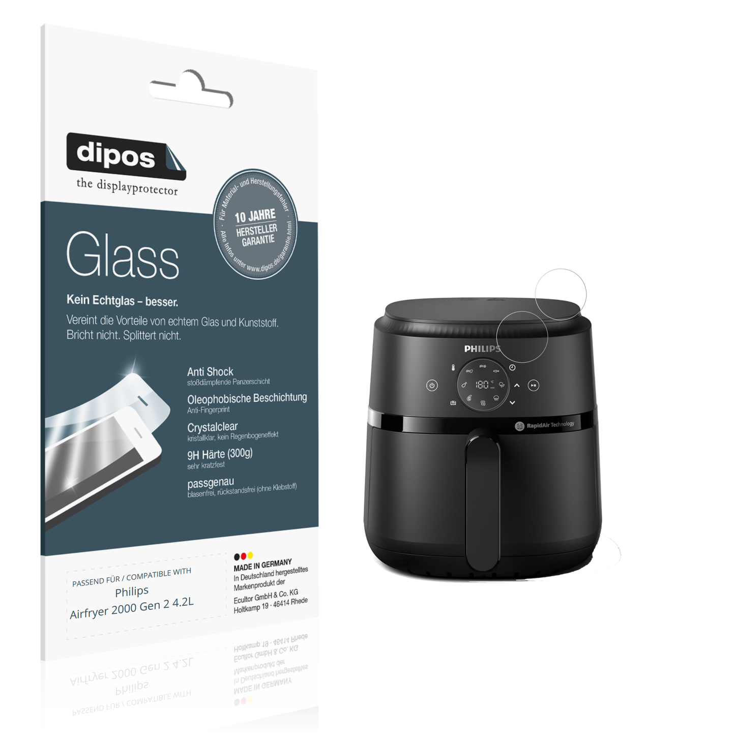 Klare Displayschutzfolie von dipos passend für Philips Airfryer 2000 Gen 2 4.2L, 9H kratzfest und blasenfrei montiert