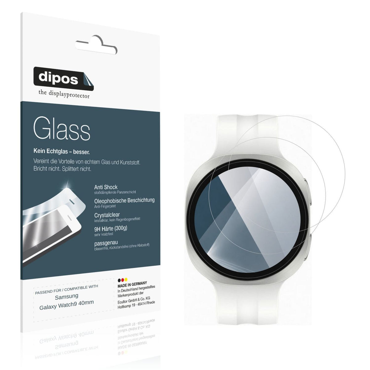 Klare Displayschutzfolie von dipos passend für Samsung Galaxy Watch9 40mm, 9H kratzfest und blasenfrei montiert