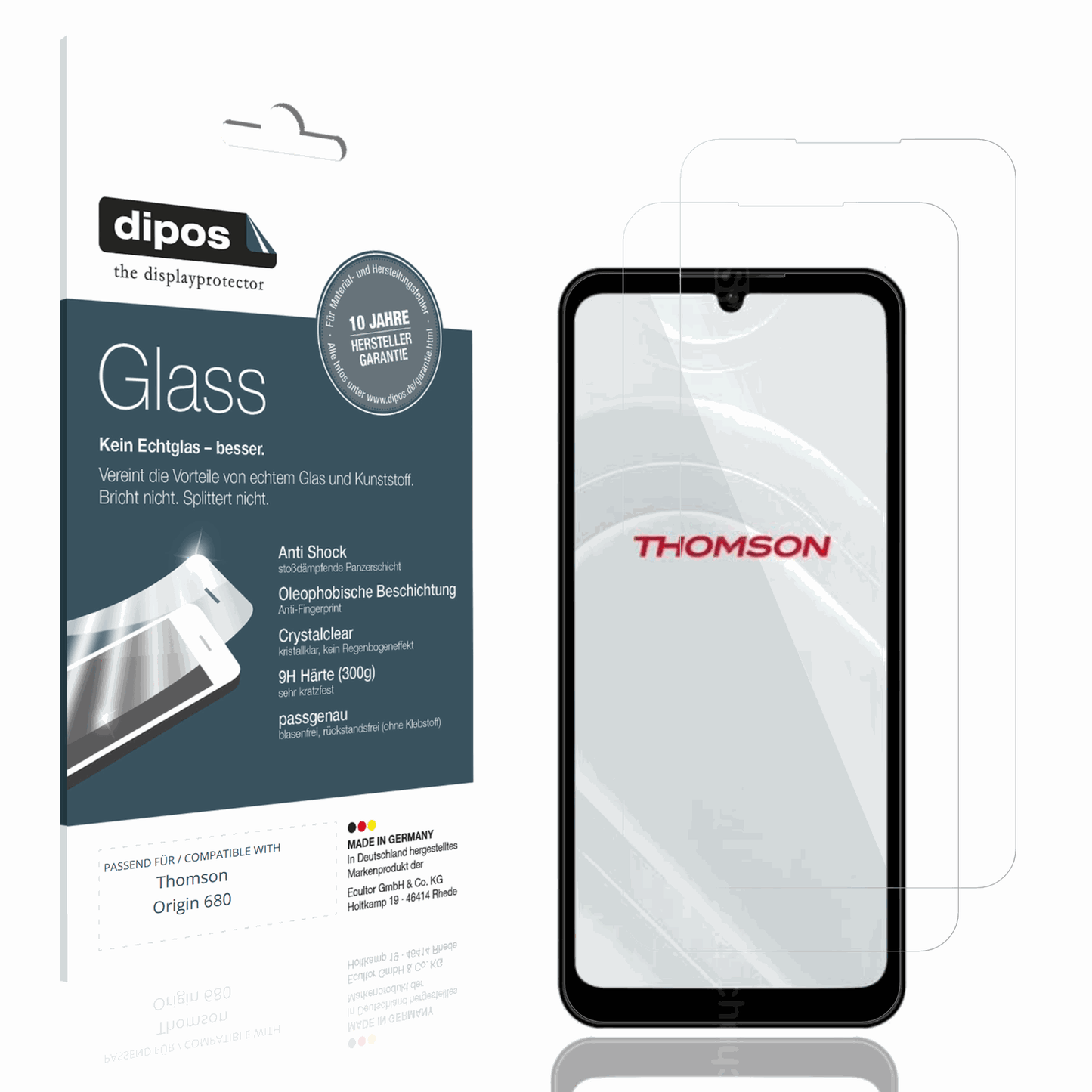 Klare Displayschutzfolie von dipos passend für Thomson Origin 680, 9H kratzfest und blasenfrei montiert