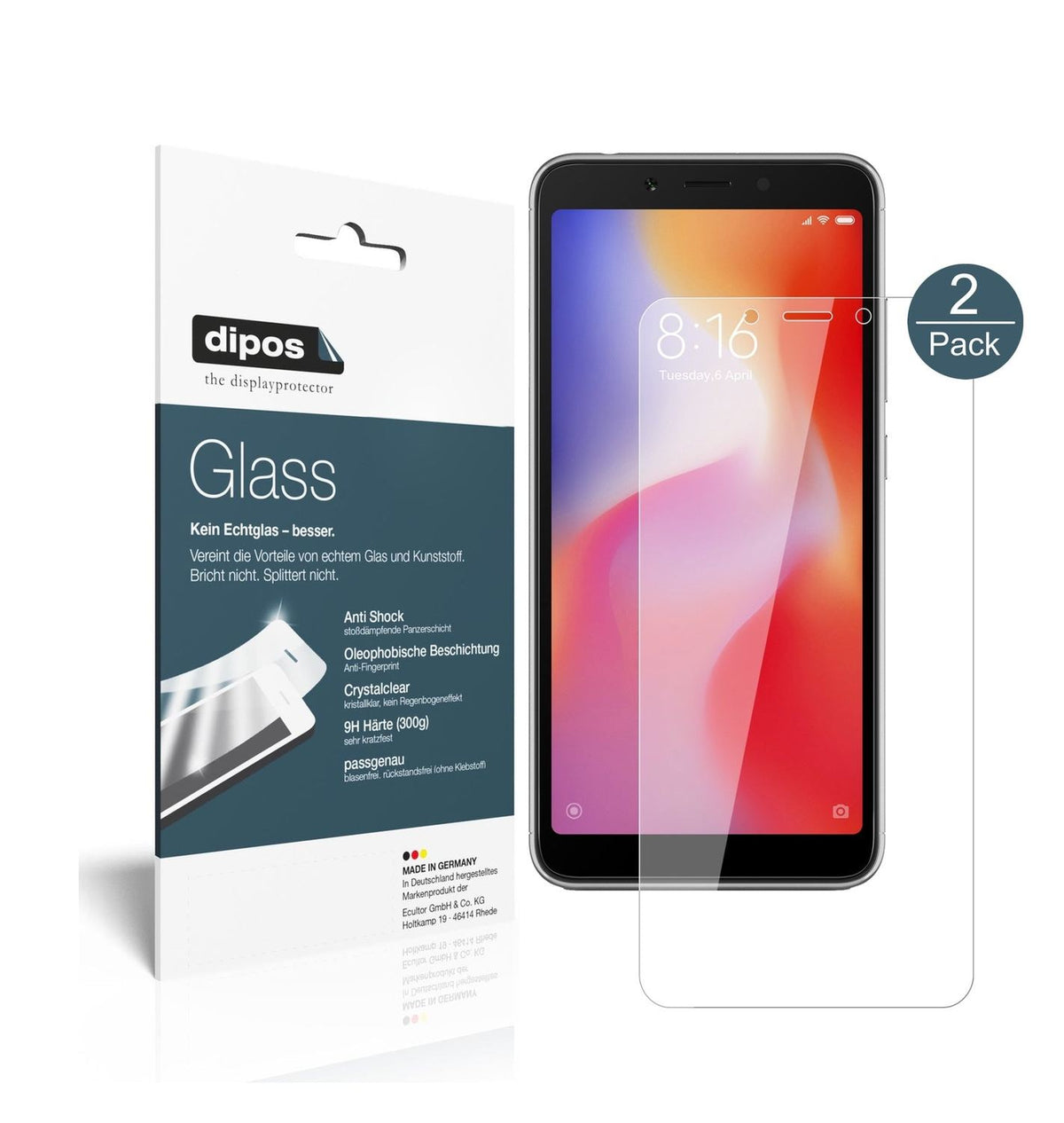 Klare Displayschutzfolie von dipos passend für Xiaomi Redmi 6A, 9H kratzfest und blasenfrei montiert