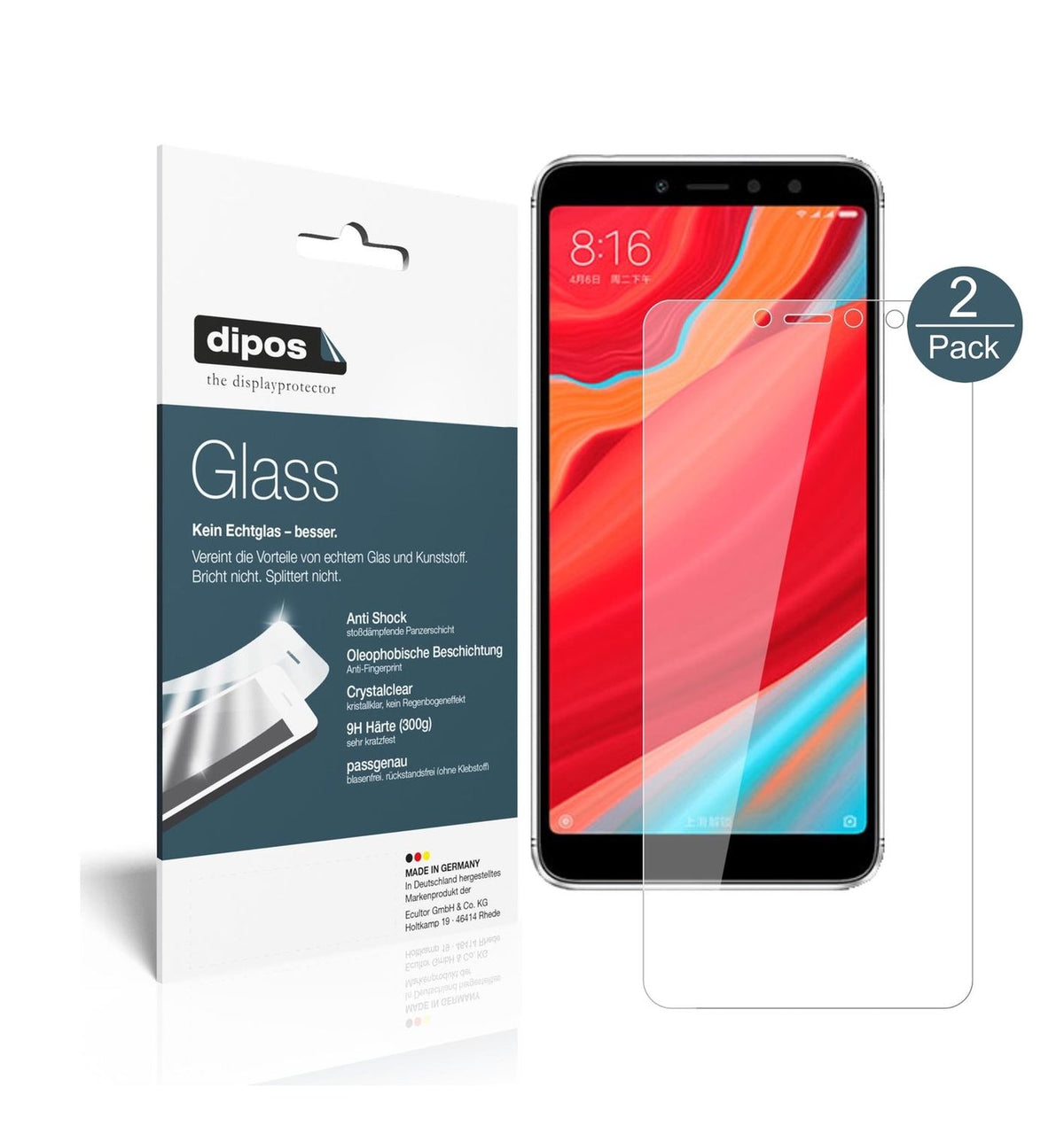 Klare Displayschutzfolie von dipos passend für Xiaomi Redmi S2, 9H kratzfest und blasenfrei montiert