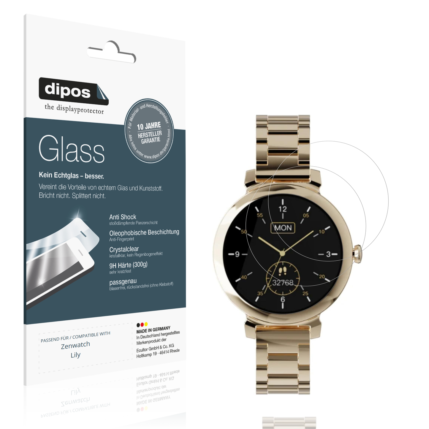 Klare Displayschutzfolie von dipos passend für Zenwatch Lily, 9H kratzfest und blasenfrei montiert