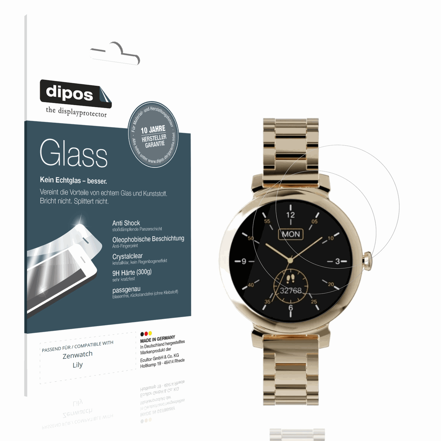 Klare Displayschutzfolie von dipos passend für Zenwatch Lily, 9H kratzfest und blasenfrei montiert