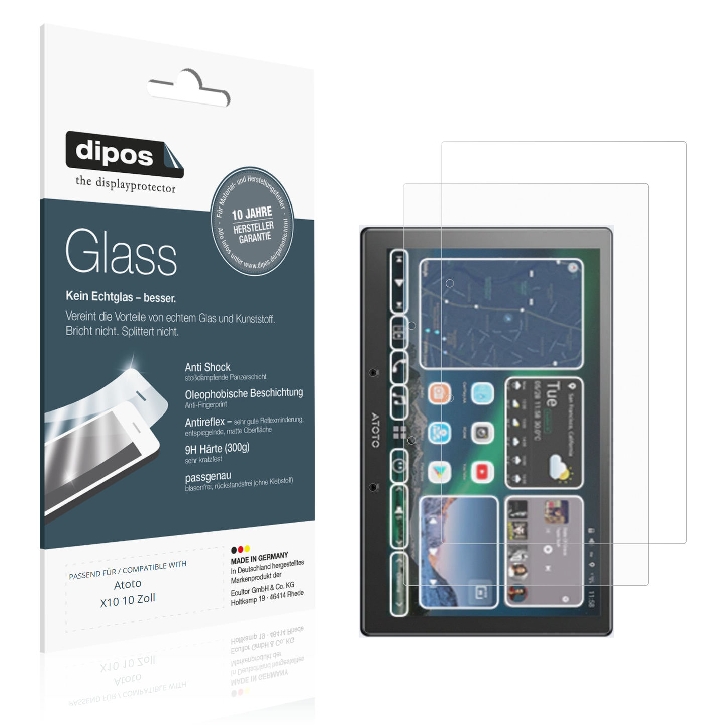 Matte Displayschutzfolie von dipos passend für Atoto X10 10 Zoll, 9H kratzfest und blasenfrei montiert