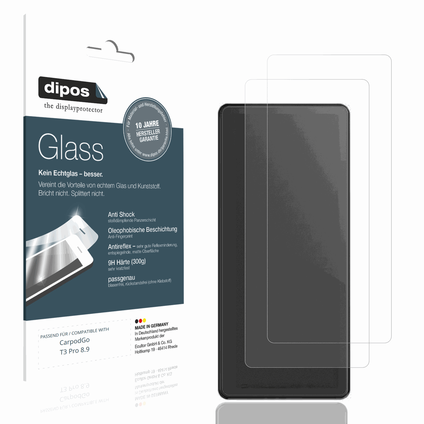 Matte Displayschutzfolie von dipos passend für CarpodGo T3 Pro 8.9, 9H kratzfest und blasenfrei montiert