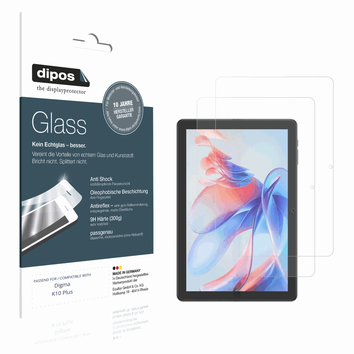Matte Displayschutzfolie von dipos passend für Digma K10 Plus, 9H kratzfest und blasenfrei montiert