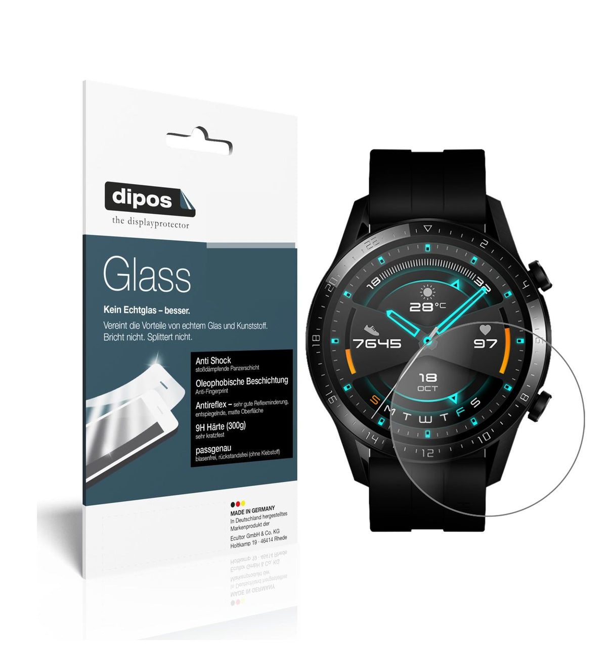 Matte Displayschutzfolie von dipos passend für Huawei Watch GT 2 (46mm), 9H kratzfest und blasenfrei montiert