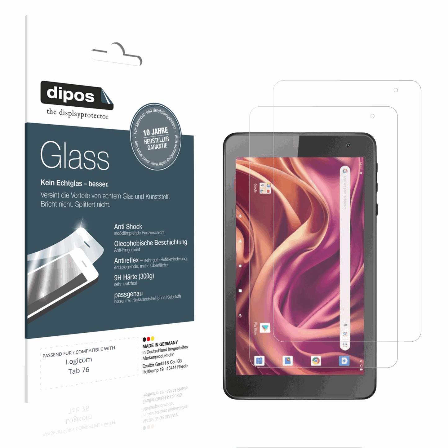 Matte Displayschutzfolie von dipos passend für Logicom Tab 76, 9H kratzfest und blasenfrei montiert