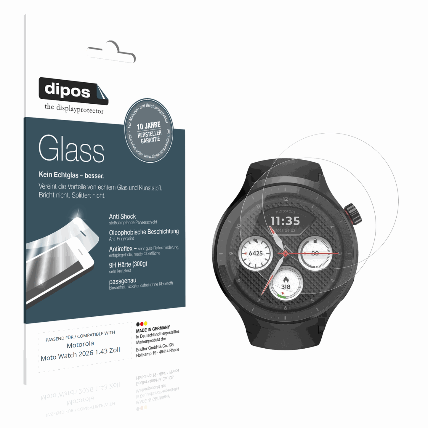 Matte Displayschutzfolie von dipos passend für Motorola Moto Watch 2026 1.43 Zoll, 9H kratzfest und blasenfrei montiert