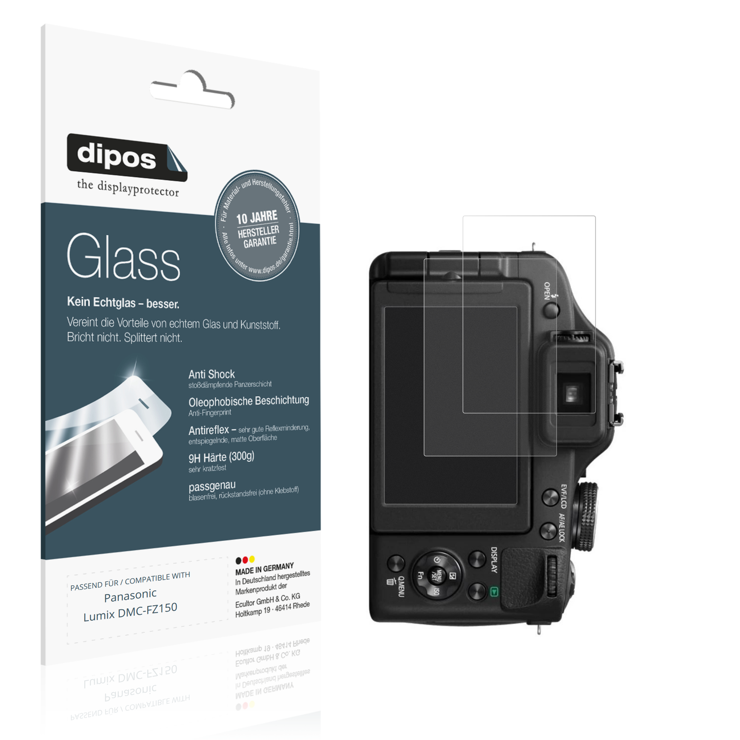 Matte Displayschutzfolie von dipos passend für Panasonic Lumix DMC-FZ150, 9H kratzfest und blasenfrei montiert