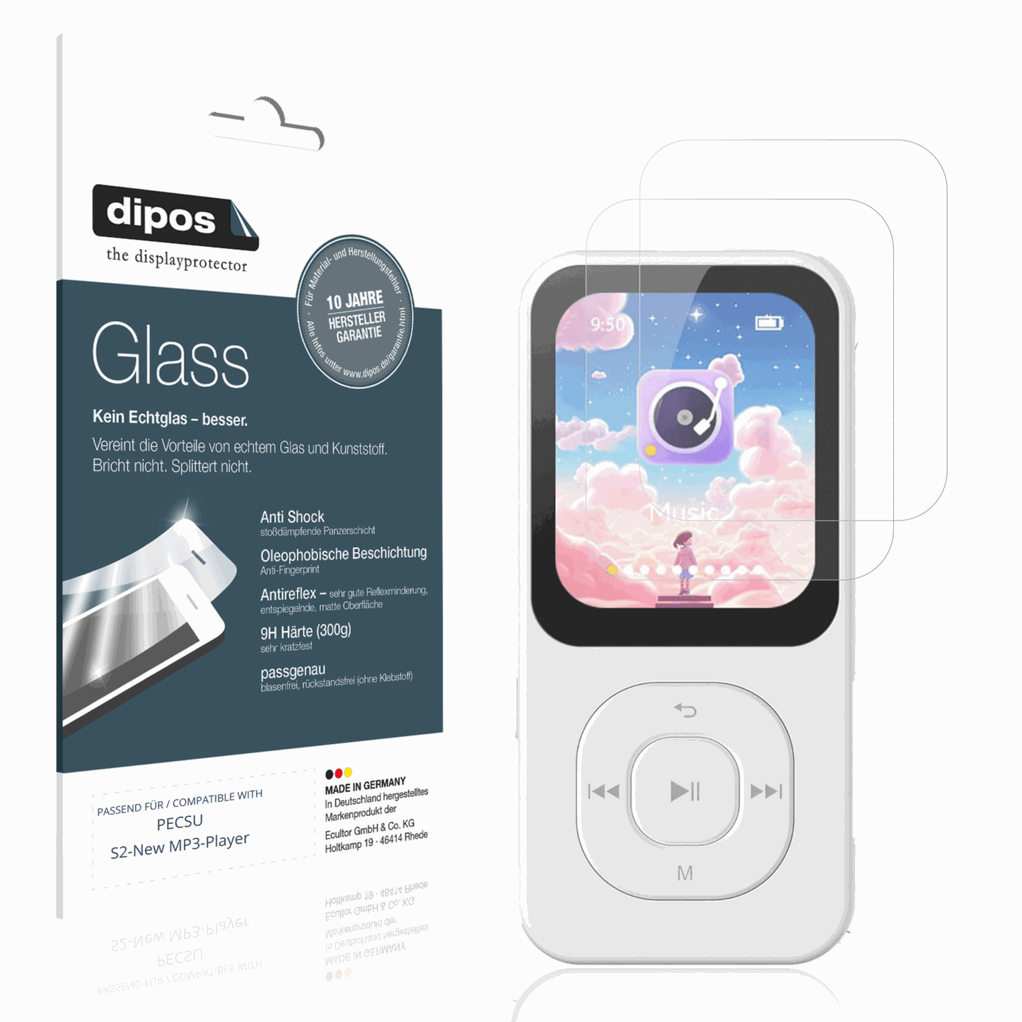 Matte Displayschutzfolie von dipos passend für PECSU S2-New MP3-Player, 9H kratzfest und blasenfrei montiert