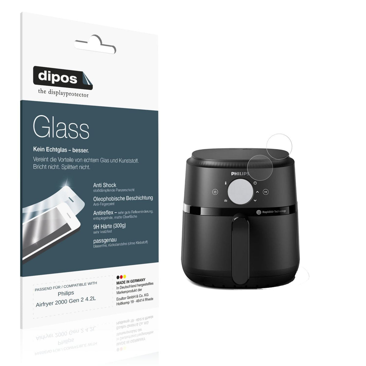 Matte Displayschutzfolie von dipos passend für Philips Airfryer 2000 Gen 2 4.2L, 9H kratzfest und blasenfrei montiert