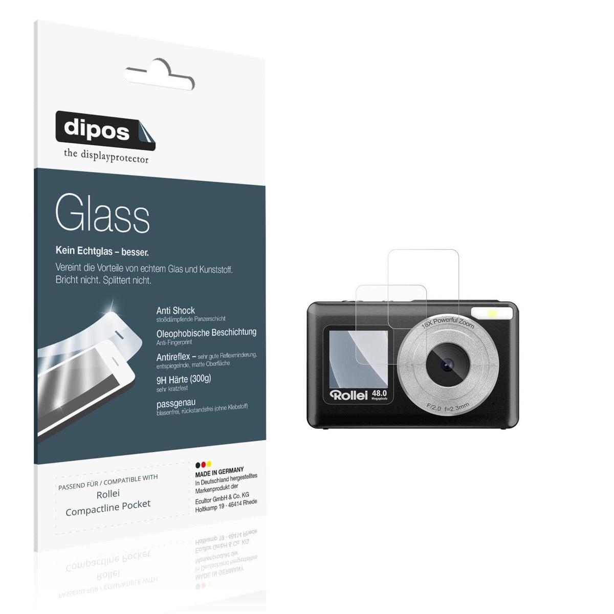 Matte Displayschutzfolie von dipos passend für Rollei Compactline Pocket Aussenseite, 9H kratzfest und blasenfrei montiert