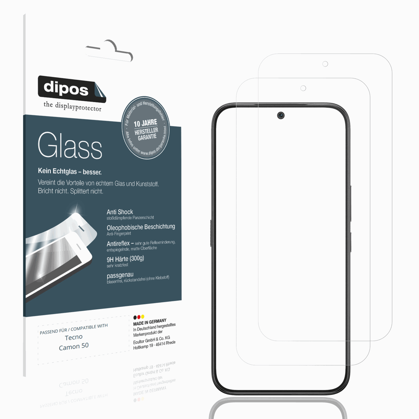 Matte Displayschutzfolie von dipos passend für Tecno Camon 50, 9H kratzfest und blasenfrei montiert