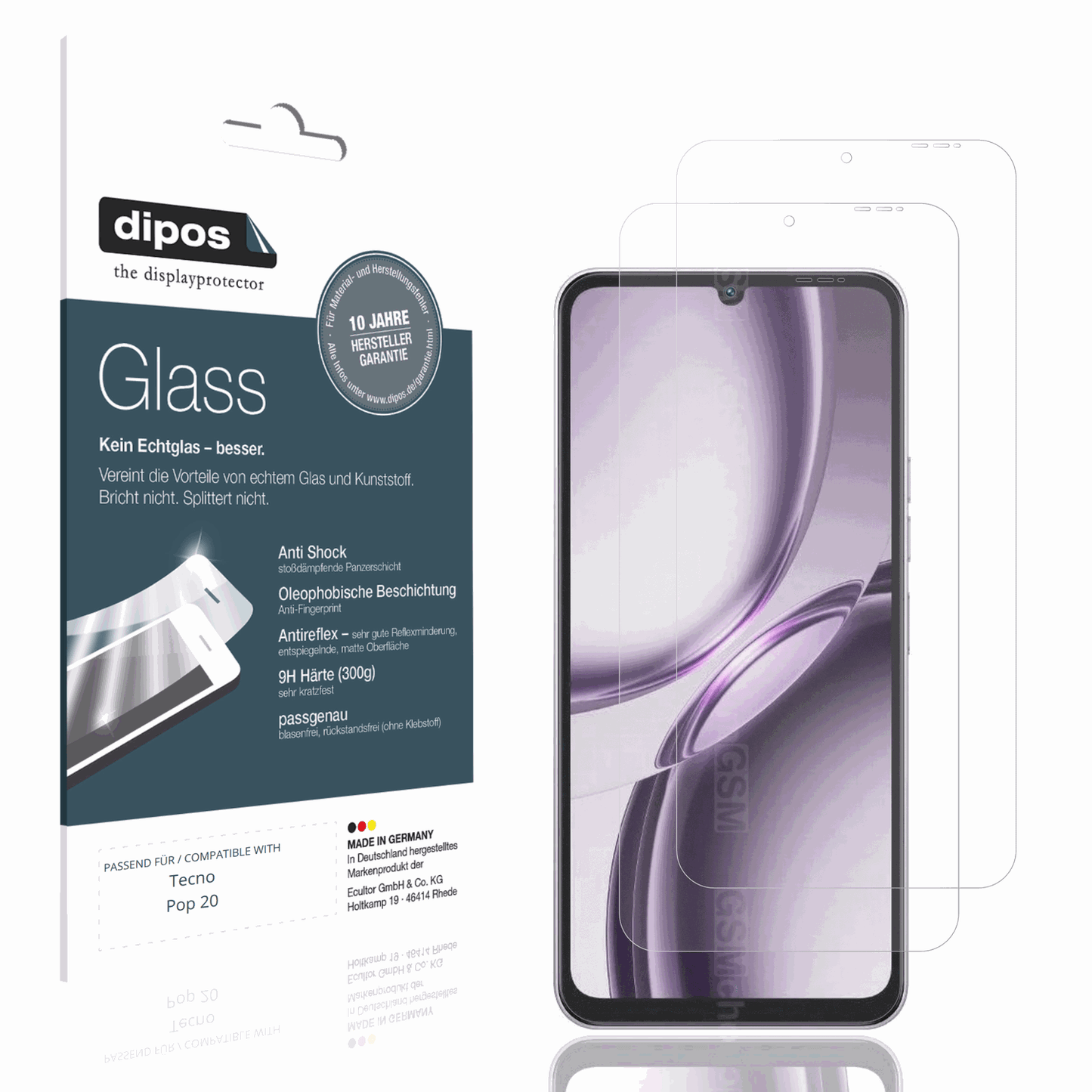 Matte Displayschutzfolie von dipos passend für Tecno Pop 20, 9H kratzfest und blasenfrei montiert