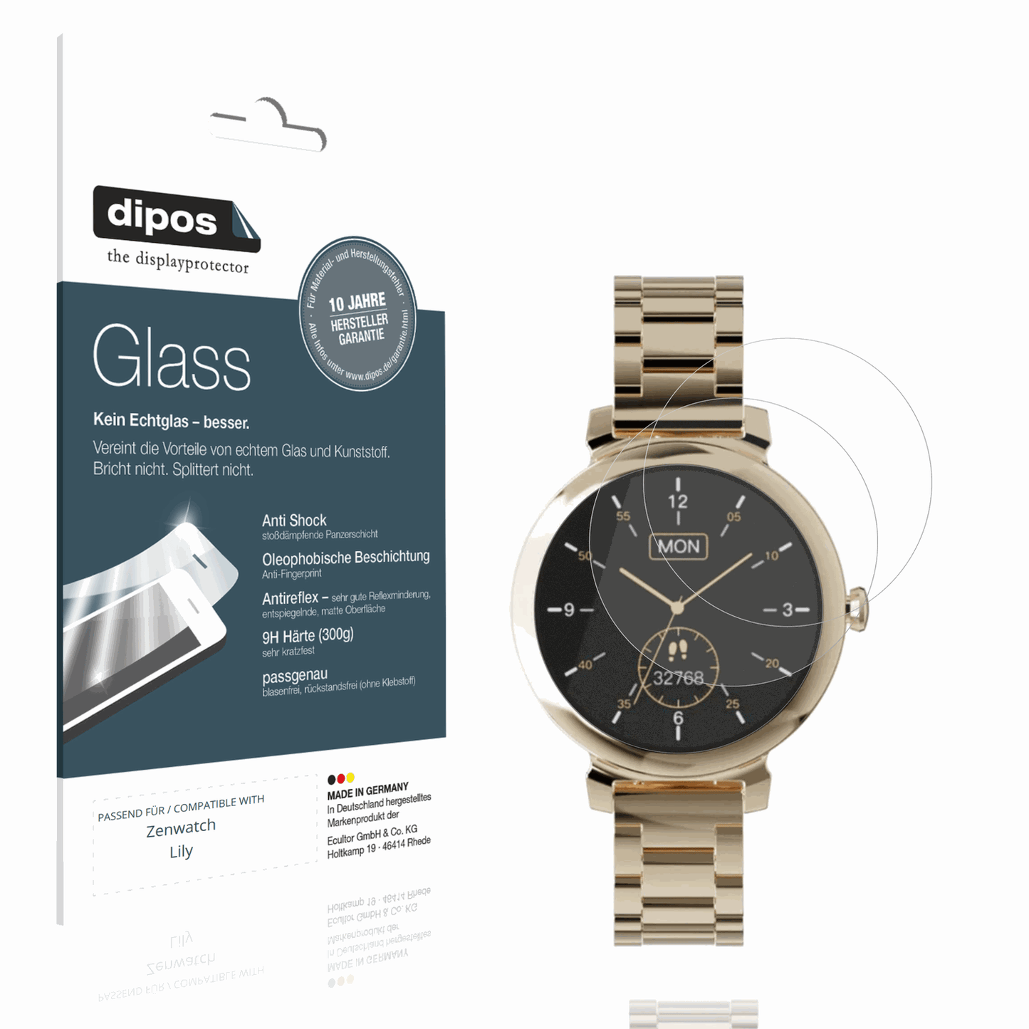 Matte Displayschutzfolie von dipos passend für Zenwatch Lily, 9H kratzfest und blasenfrei montiert