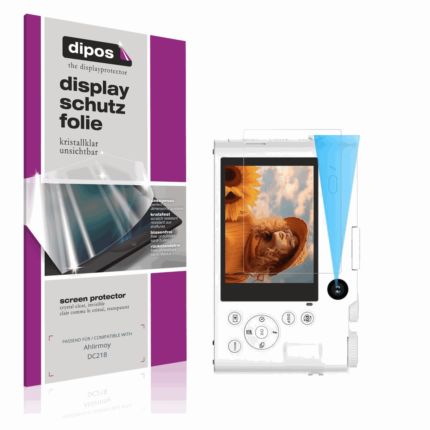 Klare Displayschutzfolie von dipos passend für Ahlirmoy DC218, präziser Zuschnitt und blasenfrei montiert