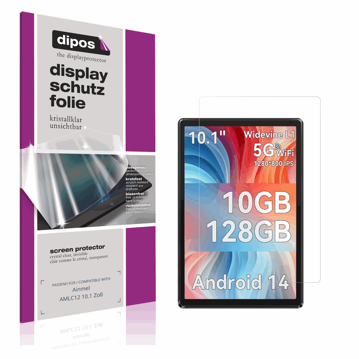 Klare Displayschutzfolie von dipos passend für Ainmel AMLC12 10.1 Zoll, präziser Zuschnitt und blasenfrei montiert