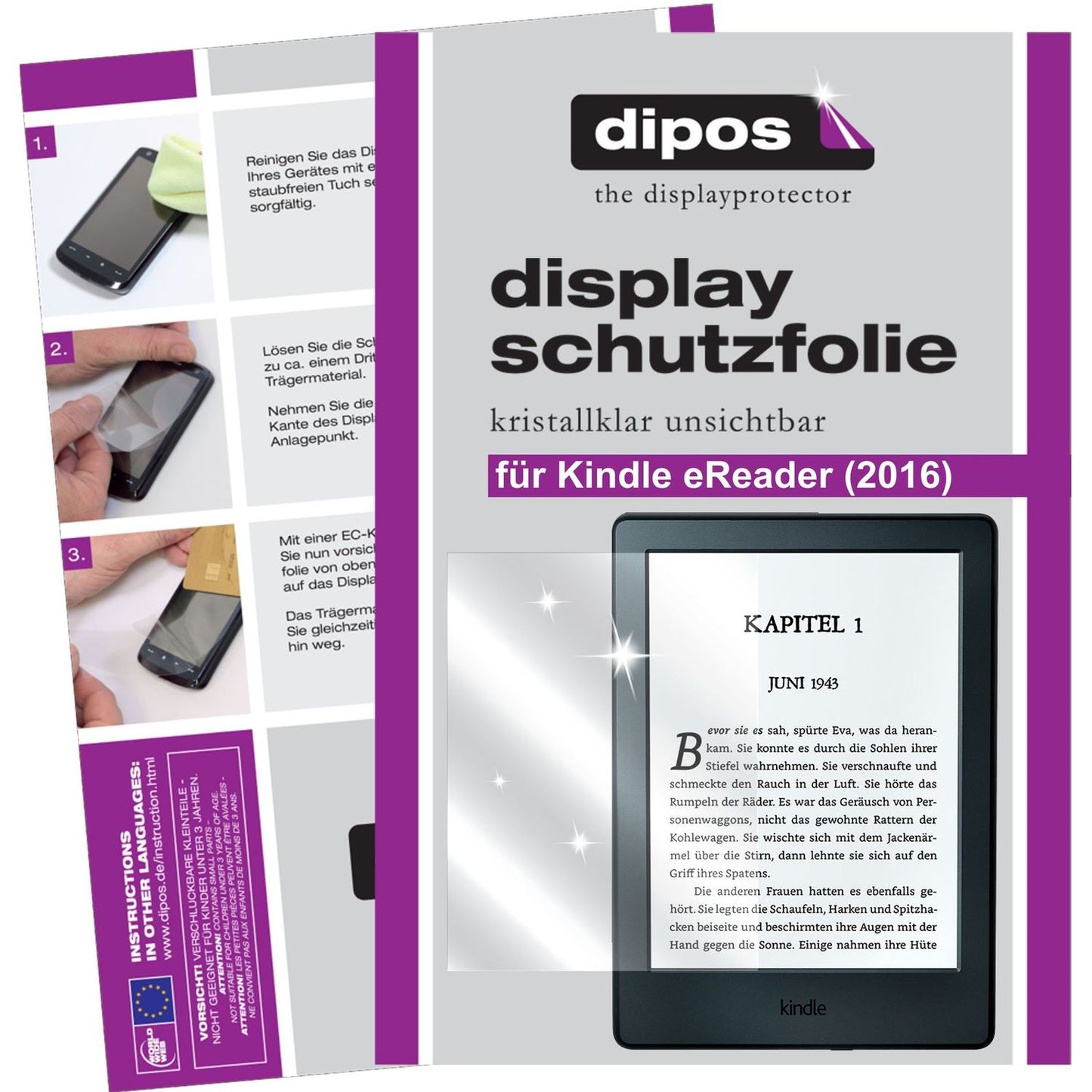 Klare Displayschutzfolie von dipos passend für Amazon Kinde eReader (2016), präziser Zuschnitt und blasenfrei montiert