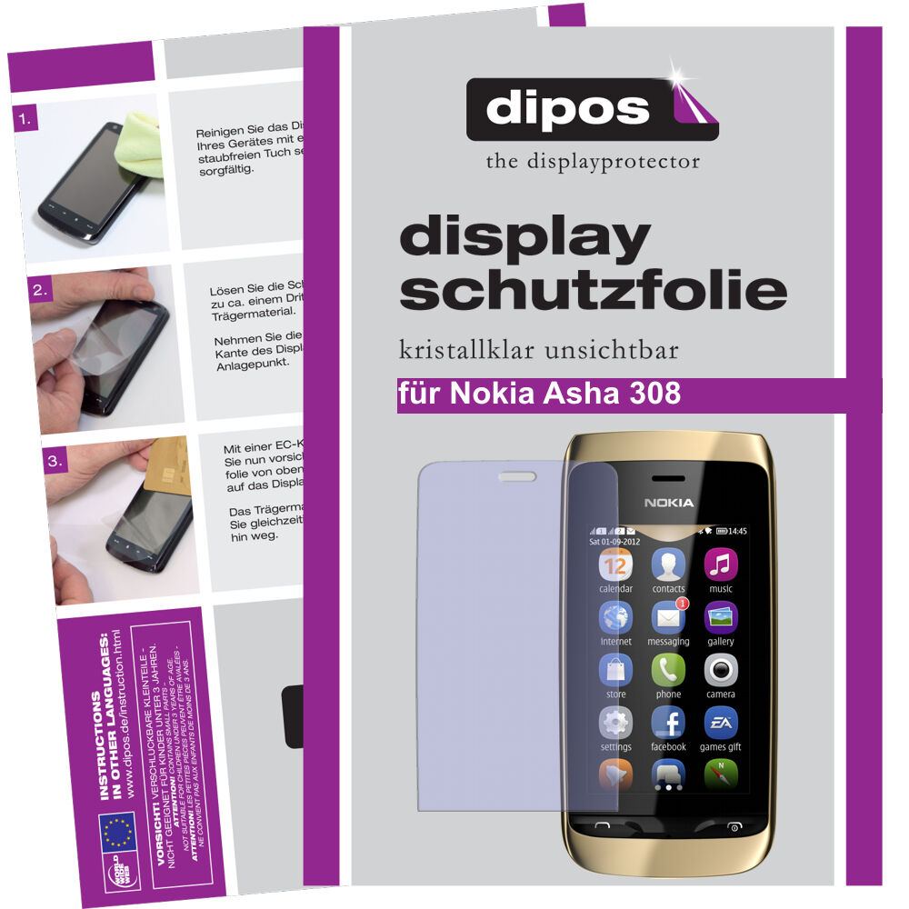Klare Displayschutzfolie von dipos passend für Asha 308 Nokia, präziser Zuschnitt und blasenfrei montiert