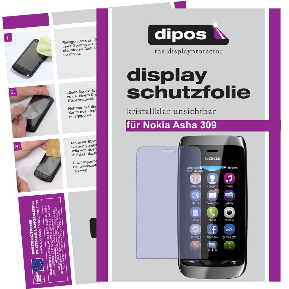 Klare Displayschutzfolie von dipos passend für Asha 309 Nokia, präziser Zuschnitt und blasenfrei montiert