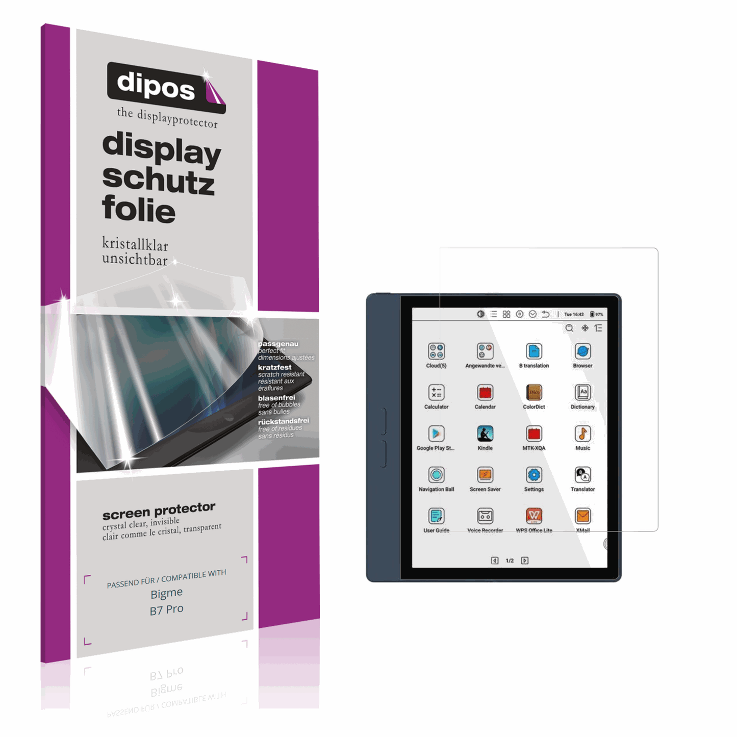 Klare Displayschutzfolie von dipos passend für Bigme B7 Pro, präziser Zuschnitt und blasenfrei montiert