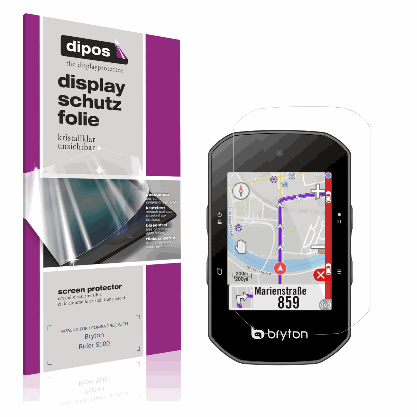 Klare Displayschutzfolie von dipos passend für Bryton Rider S500, präziser Zuschnitt und blasenfrei montiert