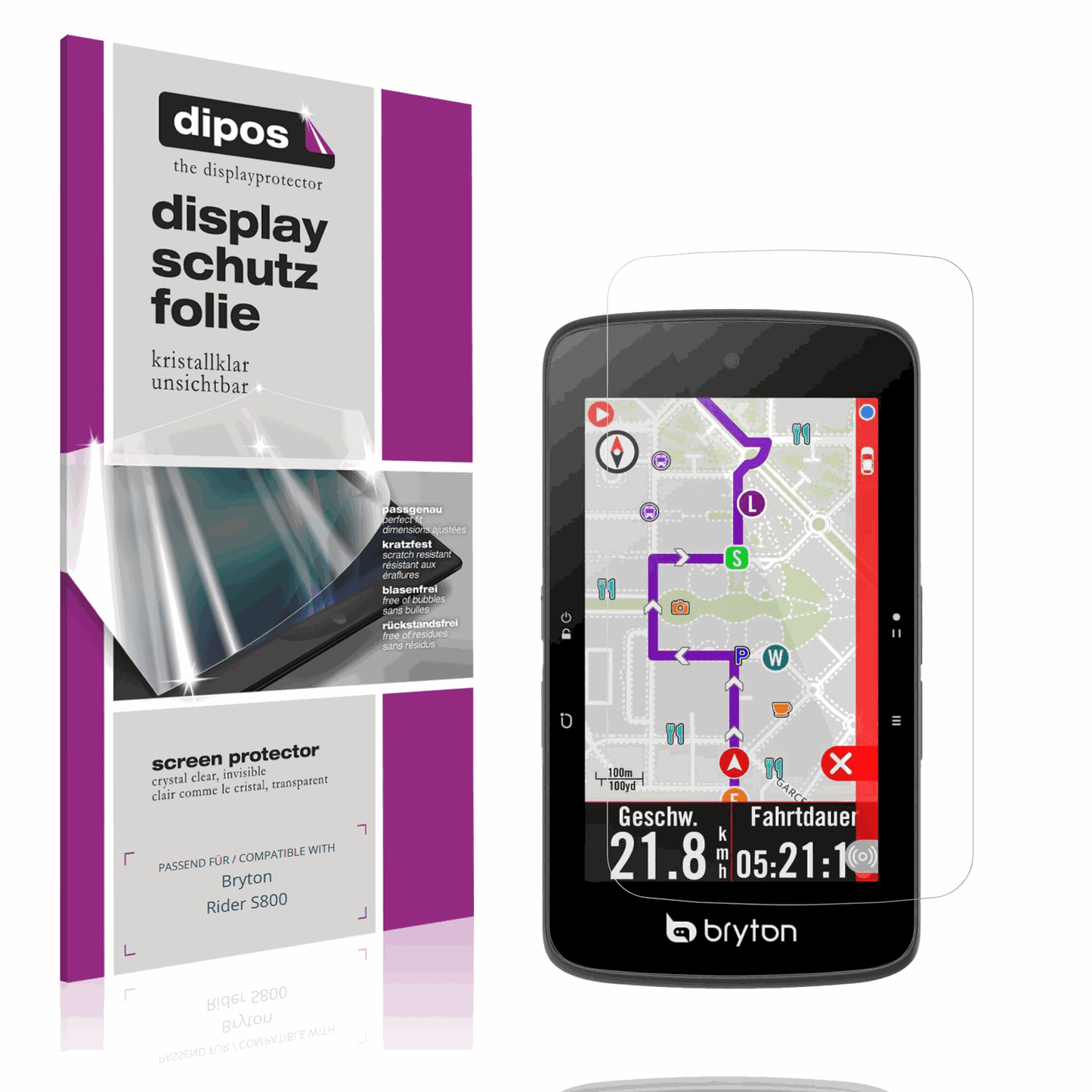 Klare Displayschutzfolie von dipos passend für Bryton Rider S800, präziser Zuschnitt und blasenfrei montiert