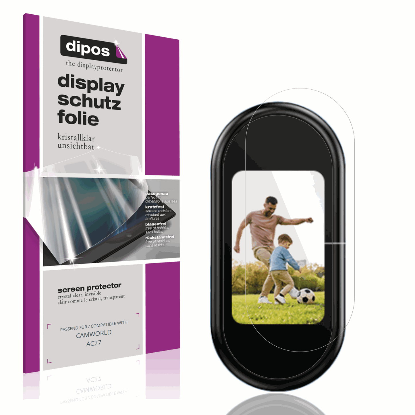 Klare Displayschutzfolie von dipos passend für CAMWORLD AC27, präziser Zuschnitt und blasenfrei montiert
