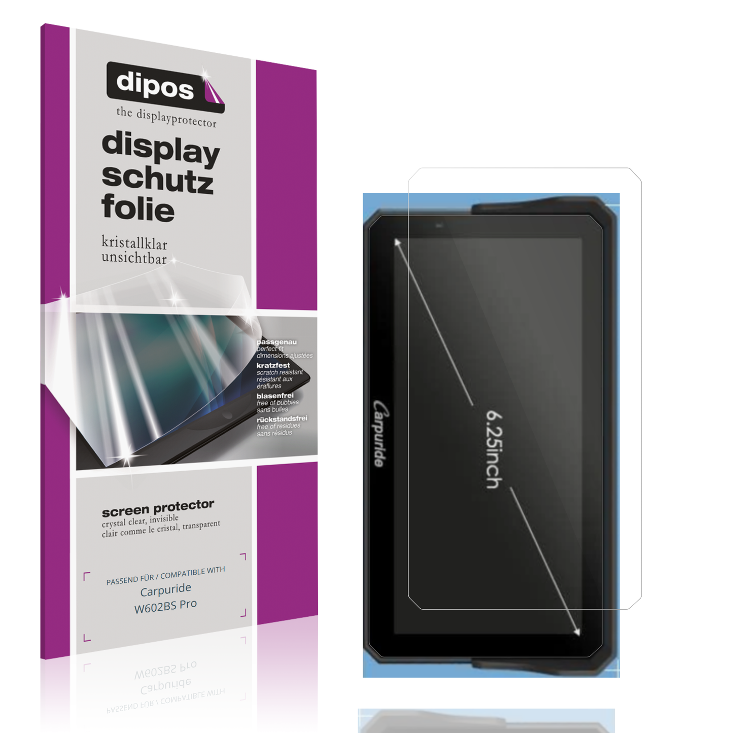 Klare Displayschutzfolie von dipos passend für Carpuride W602BS Pro, präziser Zuschnitt und blasenfrei montiert