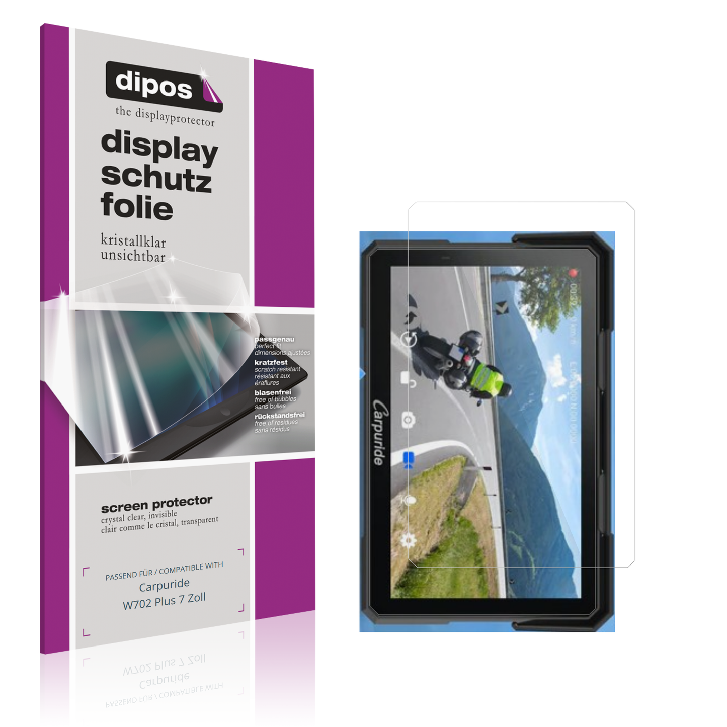 Klare Displayschutzfolie von dipos passend für Carpuride W702 Plus 7 Zoll, präziser Zuschnitt und blasenfrei montiert