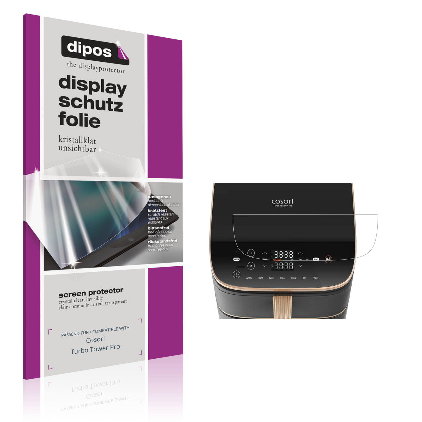 Klare Displayschutzfolie von dipos passend für Cosori Turbo Tower Pro, präziser Zuschnitt und blasenfrei montiert