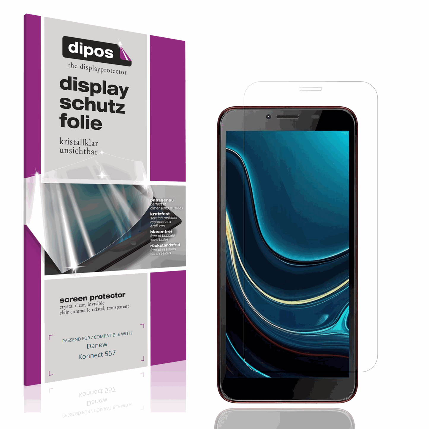 Klare Displayschutzfolie von dipos passend für Danew Konnect 557, präziser Zuschnitt und blasenfrei montiert