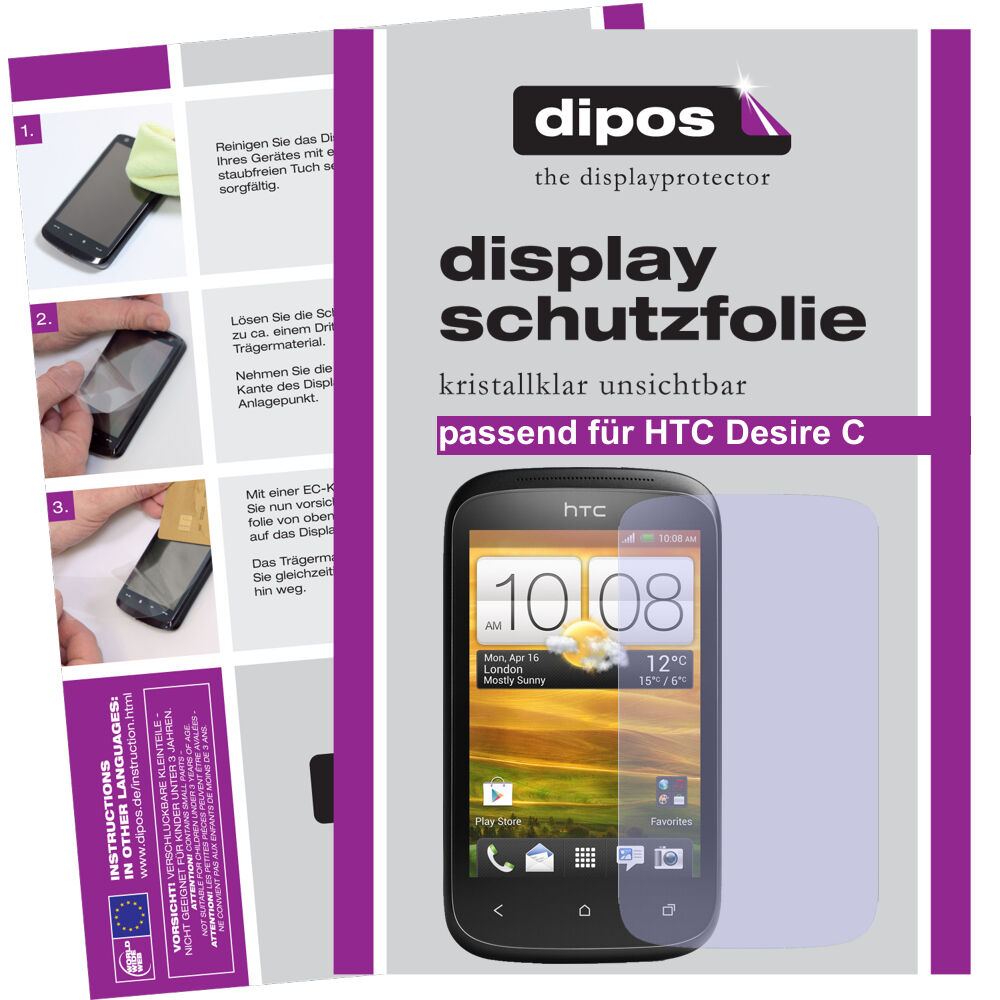 Klare Displayschutzfolie von dipos passend für Desire C HTC, präziser Zuschnitt und blasenfrei montiert