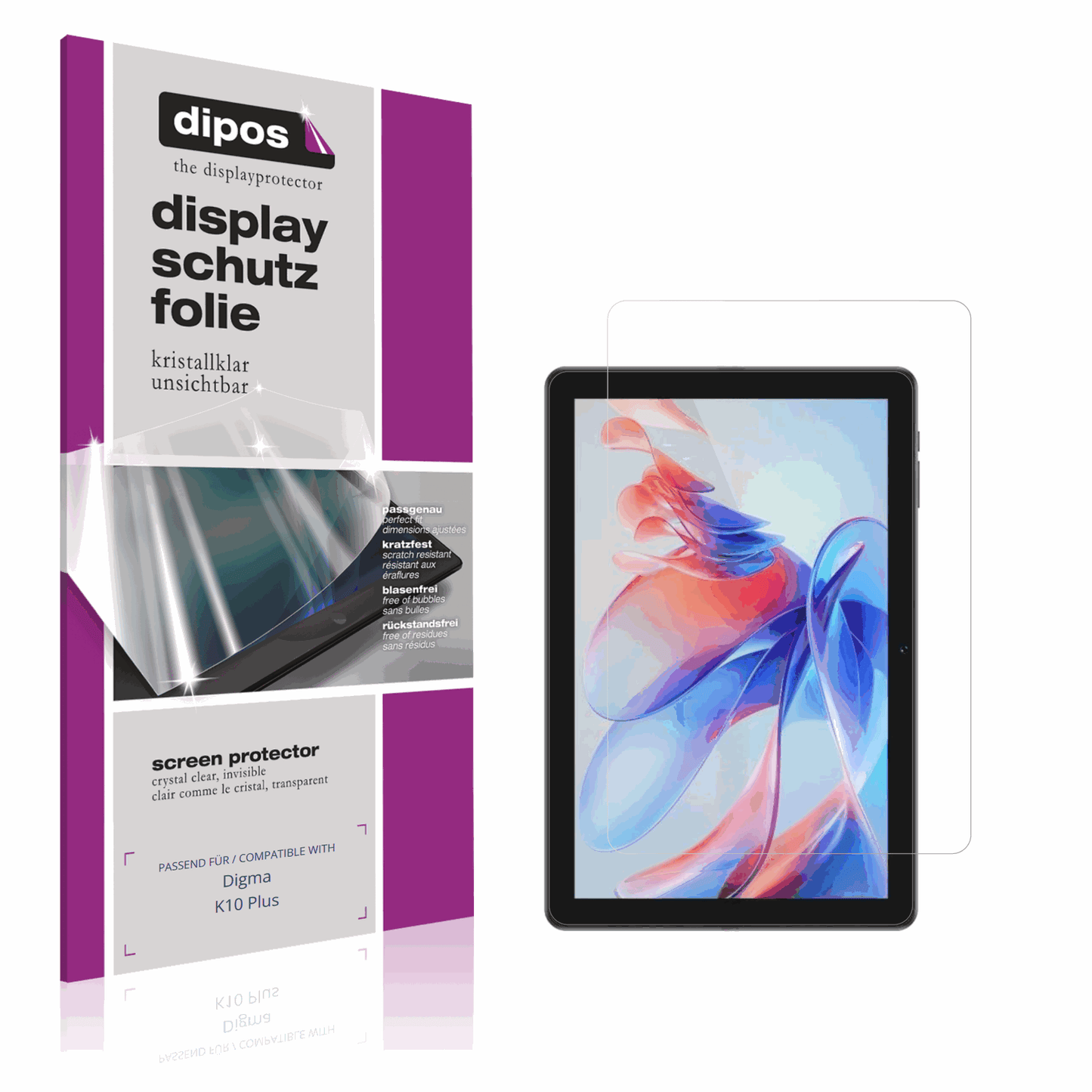 Klare Displayschutzfolie von dipos passend für Digma K10 Plus, präziser Zuschnitt und blasenfrei montiert