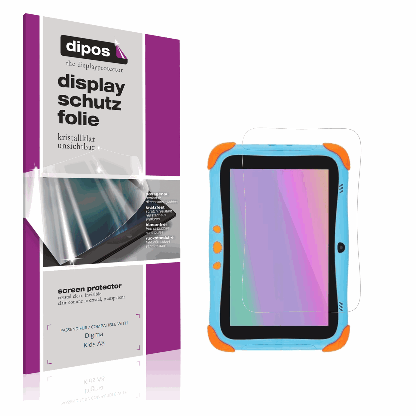 Klare Displayschutzfolie von dipos passend für Digma Kids A8, präziser Zuschnitt und blasenfrei montiert