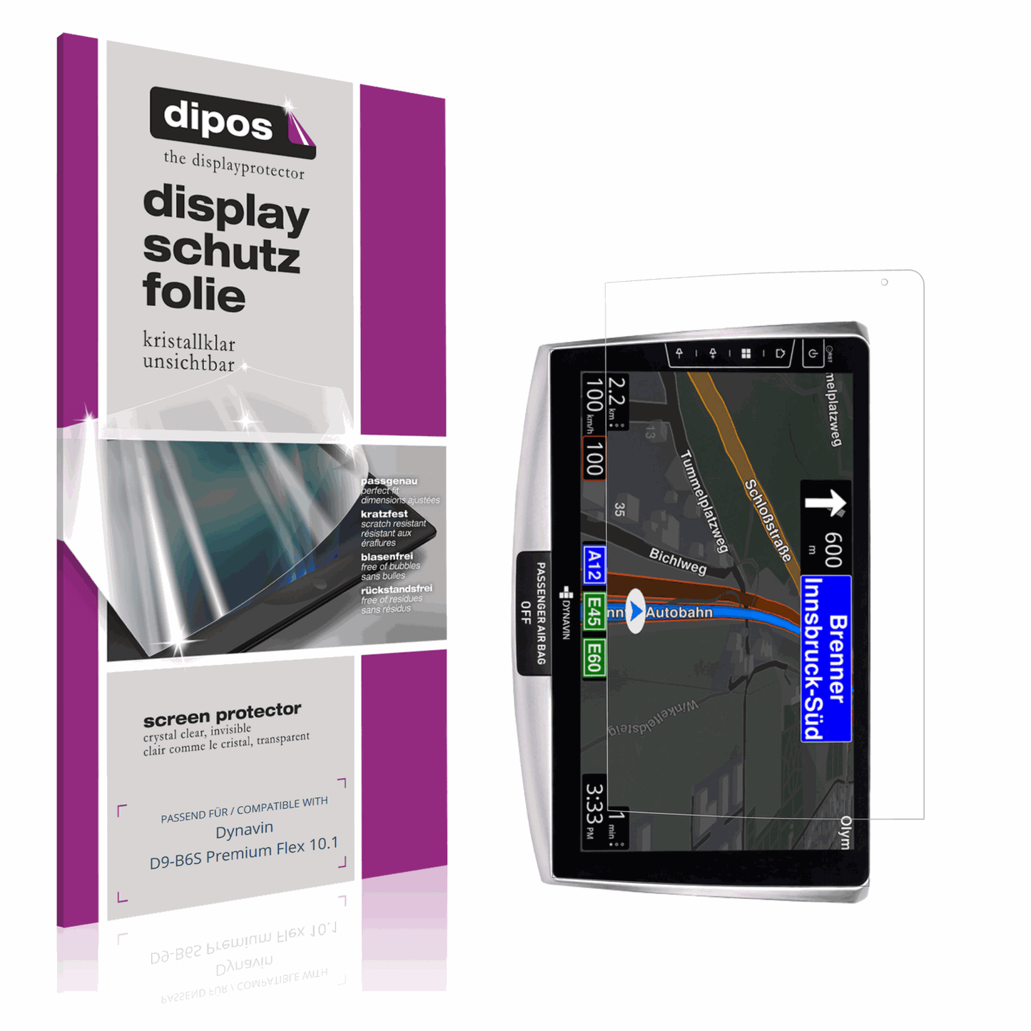 Klare Displayschutzfolie von dipos passend für Dynavin D9-B6S Premium Flex 10.1, präziser Zuschnitt und blasenfrei montiert
