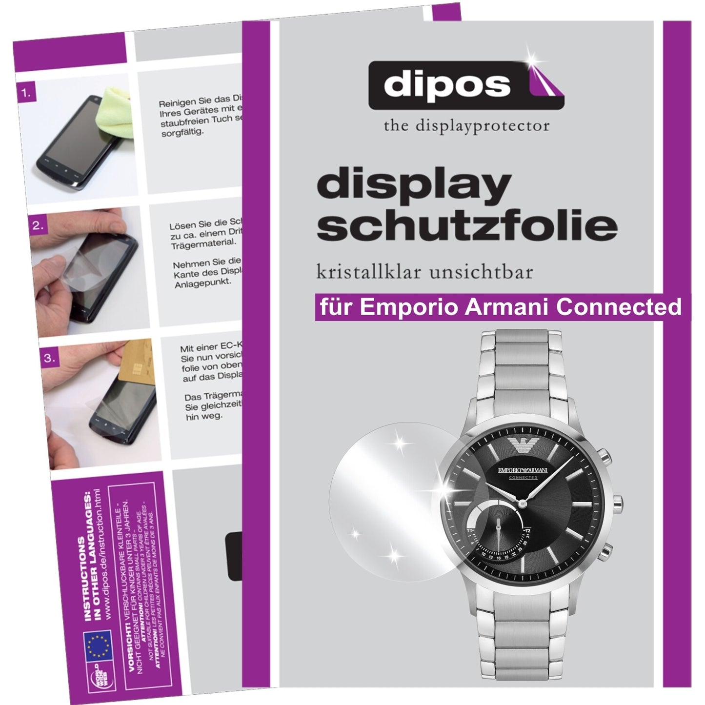 Klare Displayschutzfolie von dipos passend für Emporio Armani Connected, präziser Zuschnitt und blasenfrei montiert