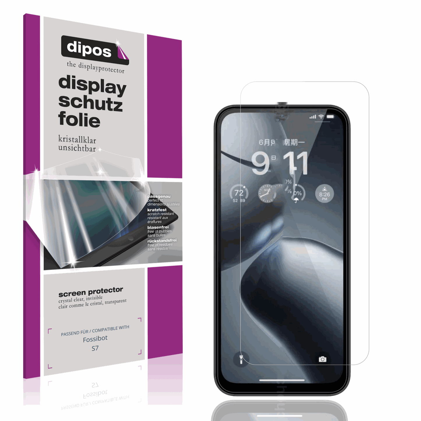 Klare Displayschutzfolie von dipos passend für Fossibot S7, präziser Zuschnitt und blasenfrei montiert