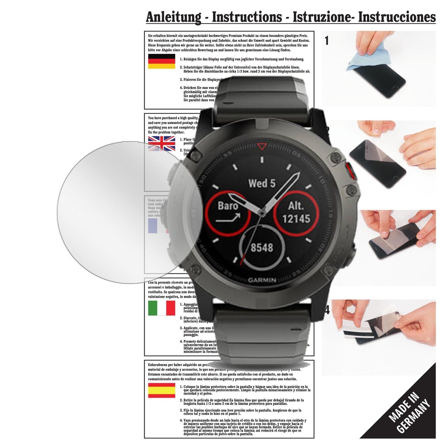 Klare Displayschutzfolie von dipos passend für Garmin Fenix 5X, präziser Zuschnitt und blasenfrei montiert