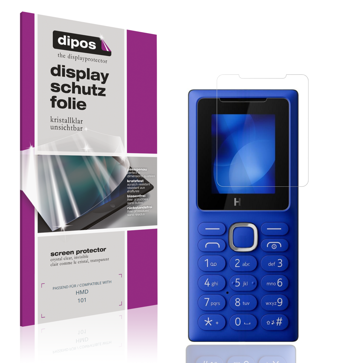 Klare Displayschutzfolie von dipos passend für HMD 101, präziser Zuschnitt und blasenfrei montiert