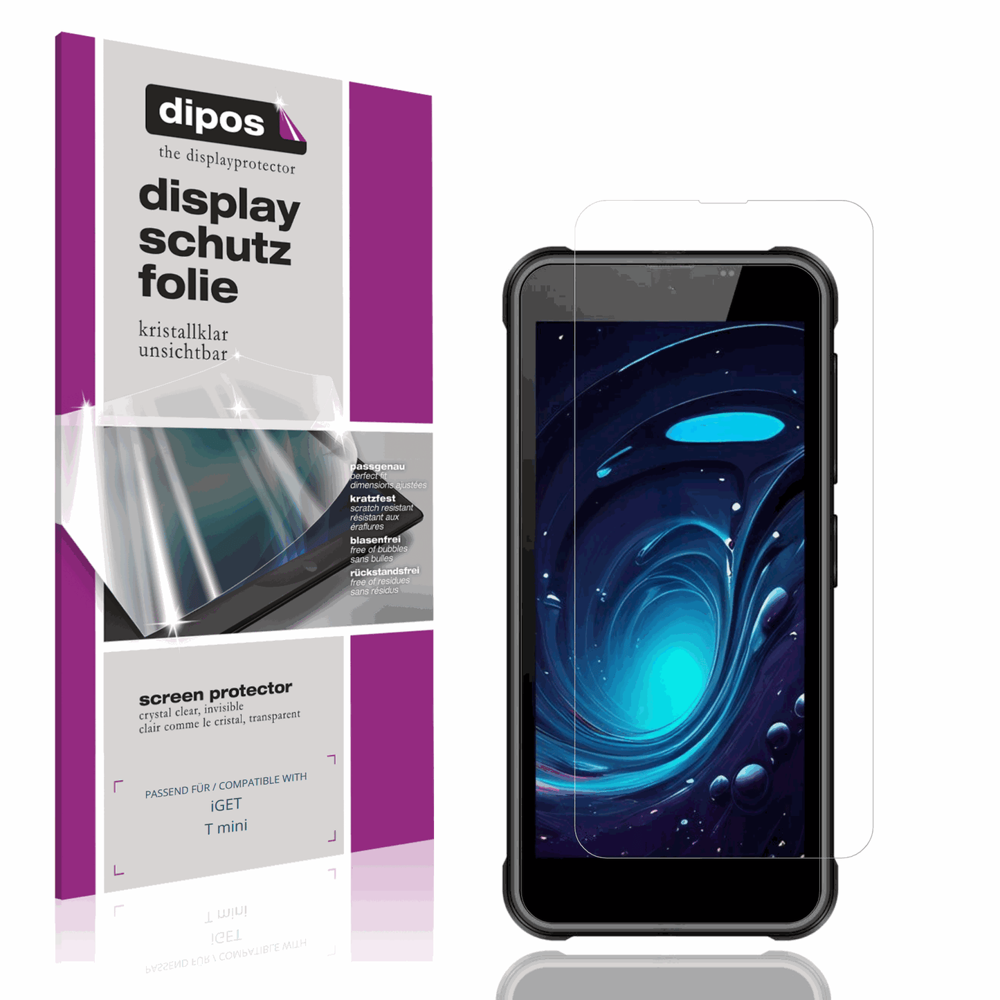 Klare Displayschutzfolie von dipos passend für iGET T mini, präziser Zuschnitt und blasenfrei montiert