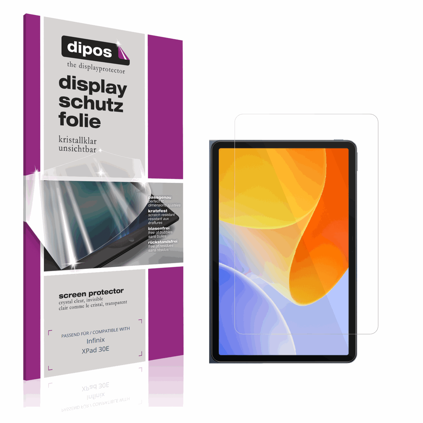Klare Displayschutzfolie von dipos passend für Infinix XPad 30E, präziser Zuschnitt und blasenfrei montiert