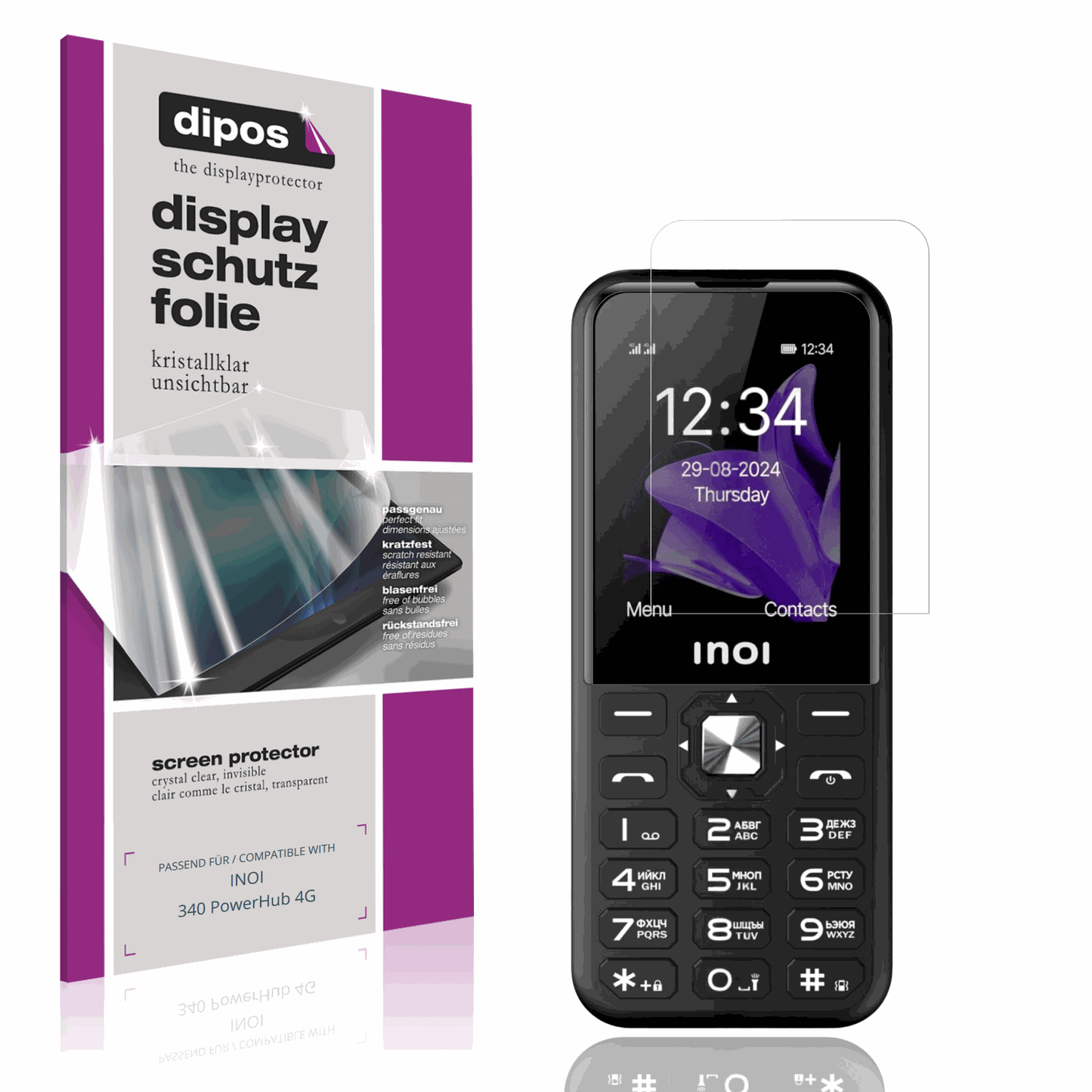 Klare Displayschutzfolie von dipos passend für INOI 340 PowerHub 4G, präziser Zuschnitt und blasenfrei montiert